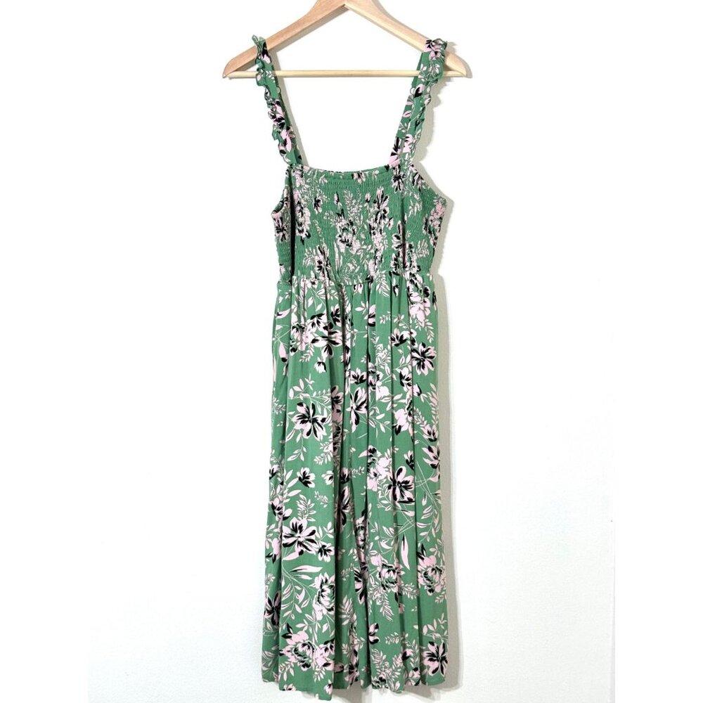 Torrid Smocked Floral Rayon Midi Dress 1X Ruffle Straps Green Cottagecore Easter